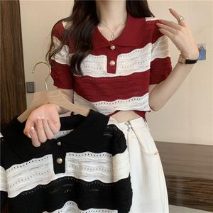 Striped Knit Top for Women, Summer Thin French Retro Design, Unique Hollow-Out Polo Collar Short Sleeve Top