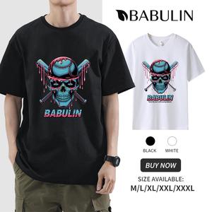 BABULIN Pure cotton 260g Oversized shirt Baseball X Skull Printed T-shirt for Men Soft and smooth