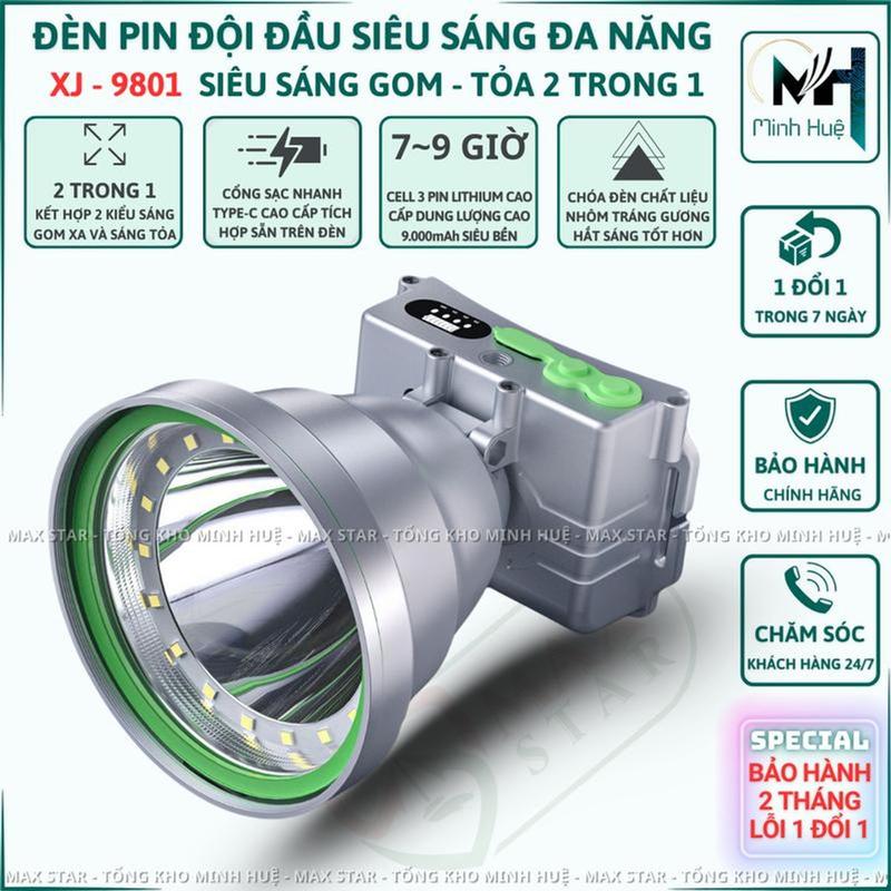 Đèn pin đội đầu siêu sáng đa năng XJ9801 siêu sáng gom tỏa 2 trong 1 sáng mạnh pin trâu hiển thị pin sạc typec denchieu  sang kích  điện đèn  pin