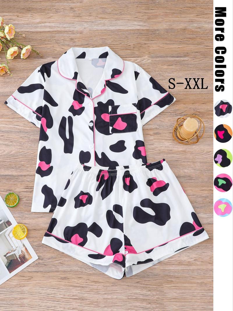 Product Introduction of Two-piece Set Women's All Over Leopard Print Contrast Binding Lapel Shirt & Shorts Pyjama, Casual Comfy Short Sleeve Pocket Top & Shorts Pj Set, Pajamas, Ladies Sleepwear for All Seasons, Pajamas 2