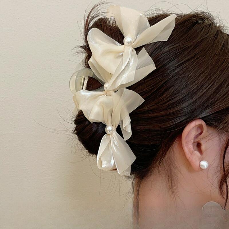 Korean Fashion Pearl Mesh Claw Girl Back of Head Hair Clip for Women Bow Hairpin 2
