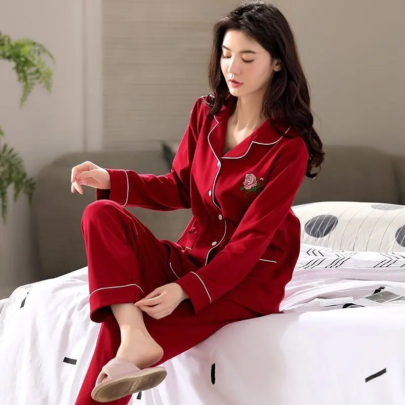 Bộ Đồ Ngủ Cotton, Hàng Mới Về, Dành Cho Phụ Nữ, Mùa Xuân Và Mùa Thu, Mùa Đông, Áo Cardigan Dài Tay, Ve Áo, Ngoại Cỡ, Thích Hợp Cho Bộ Đồ Trung Niên Women