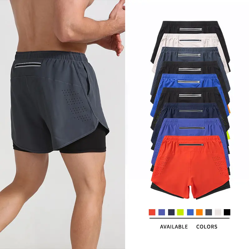 Outdoor sports running fitness cool lined men's and women's sports shorts, running marathon track and field loose three quarter pants, quick drying lined anti glare double-layer fitness shorts