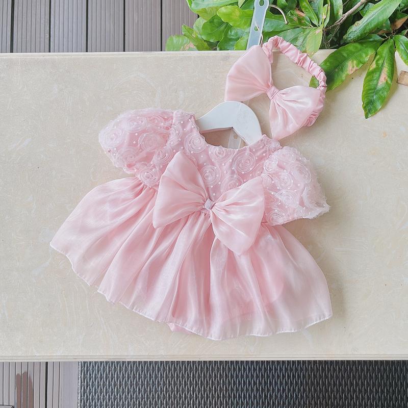 body váy hồng tơ lót lụa bé gái dễ thương kèm nơ Su Shop- body thiết kế sinh nhật thôi nôi cho bé Sandal set   cho bé sơsinh quanao tresosinh bososinh