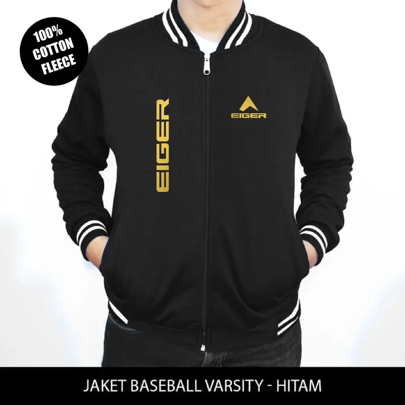 Jaket varsity bahan tebal dan lembut eiger text kiri kana goldd 2