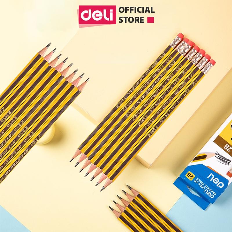 Bút chì gỗ HB 2B có tẩy học sinh Deli - Chì đen đậm vẽ tranh tập viết làm bài kiểm tra nhạy với máy chấm thi văn phòng