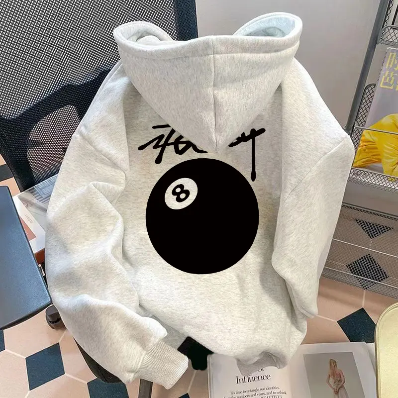 Áo Hoodie In Hình Bi-a, Thương Hiệu Thời Trang Trung Quốc Thương Hiệu Mỹ Heavy Black 8, Dành Cho Nam Và Nữ, Thích Hợp Cho Cặp Đôi, Phong Cách Đầu Thu, Dáng Rộng Vừa Vặn, Lót Lông Cừu, Áo Khoác Ins, Năm 2024