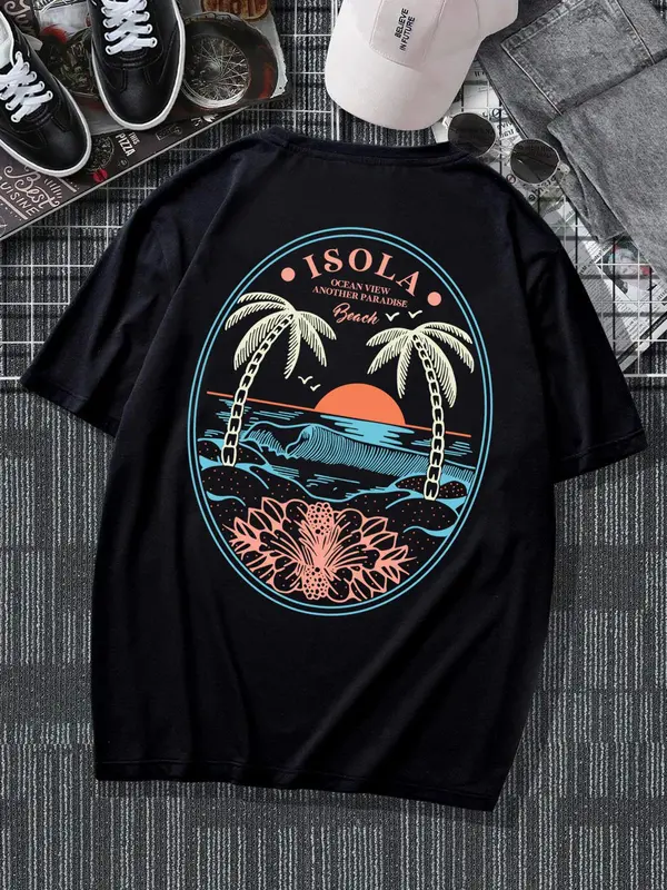 Unisex Regular Fit Landscape Print Round Neck Tee, Coconut Tree Print Crew Neck T-shirt for Unisex, Street Fashion Casual Comfy Knitting Top for Summer, Menswear 6