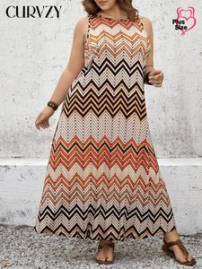 CURVZY Plus Size Chevron Print Tank Dress, Casual Sleeveless Dress for Daily Wear, Women's Plus Clothing for All Seasons