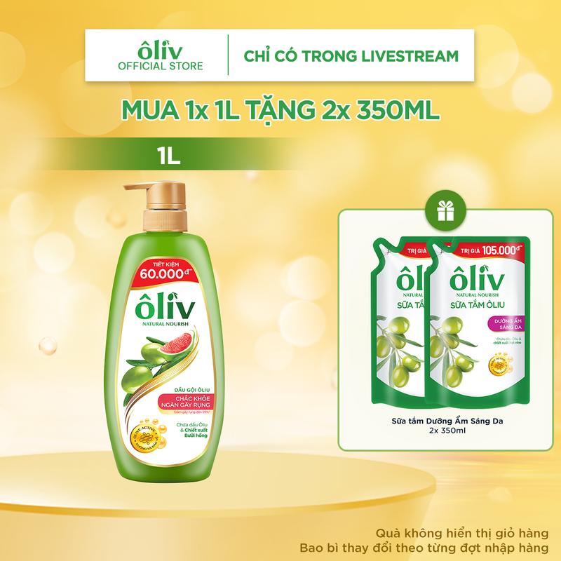 Combo Dầu Gội Ôliv Chắc Khỏe Ngăn Gãy Rụng 1L + Tặng 2 Túi Sữa Tắm Oliv Dưỡng Ẩm Sáng Da 350MLx2