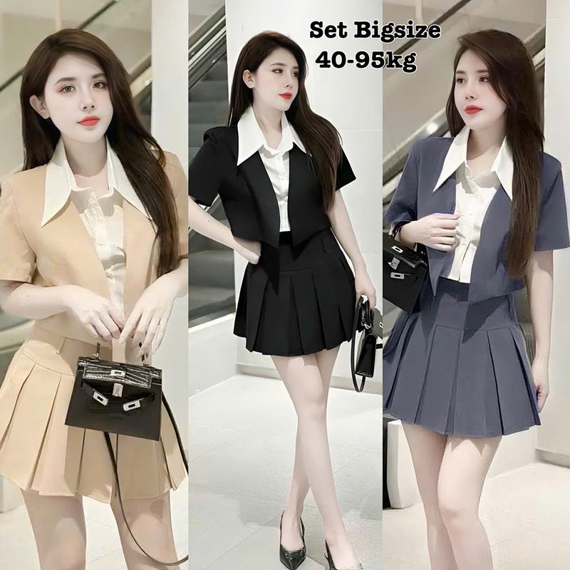 Thời Trang Bigsize Én Nhỏ - Set Áo Blazer Tay Ngắn Cổ Sơ Mi Trắng Vạt Nhọn Mix Chân Váy Xếp Ly Có Lót Trong Thiết Kế Cá Tính Dự Tiệc Nữ Cao Cấp Xinh Đẹp Sang Trọng 50-95kg - 2306