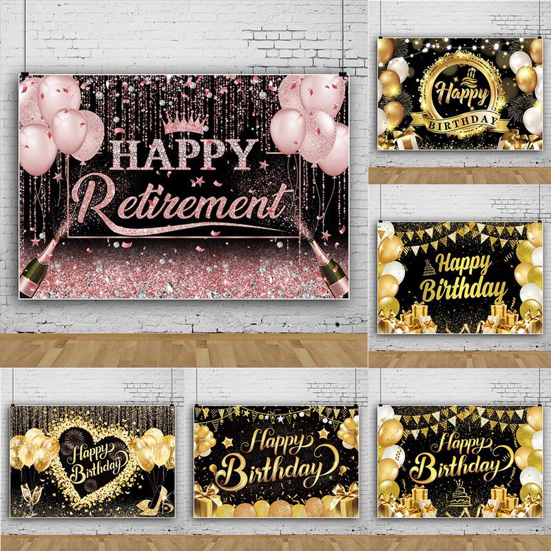 120x80CM Blcak Golden Color Balloon Banner Backdrop Happy Birthday ...