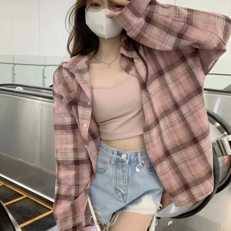 Áo Khoác Sơ Mi Kẻ Sọc, Cổ Polo Màu Hồng Phổ Biến Quần Áo Nữ, Áo Dài Trung Bình Dài Tay, Hàng Mới Về Mùa Xuân Hè 2024 0