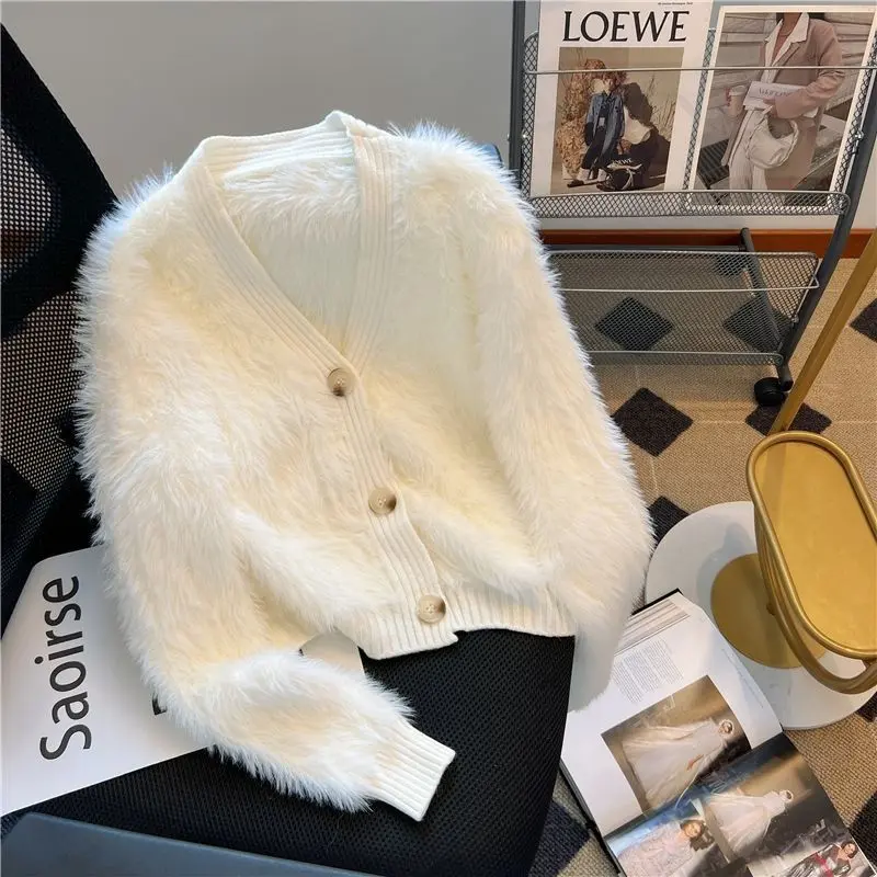 Áo Khoác Len Lông Chồn Cashmere, Phong Cách Mềm Mại Và Nếp, Thích Hợp Cho Mùa Thu Và Mùa Đông, Siêu Thanh Lịch, Màu Trắng Sữa, Áo Cardigan Dệt Kim, Dày Dặn, Cổ Chữ V, Áo Len Lười Nữ Women Top
