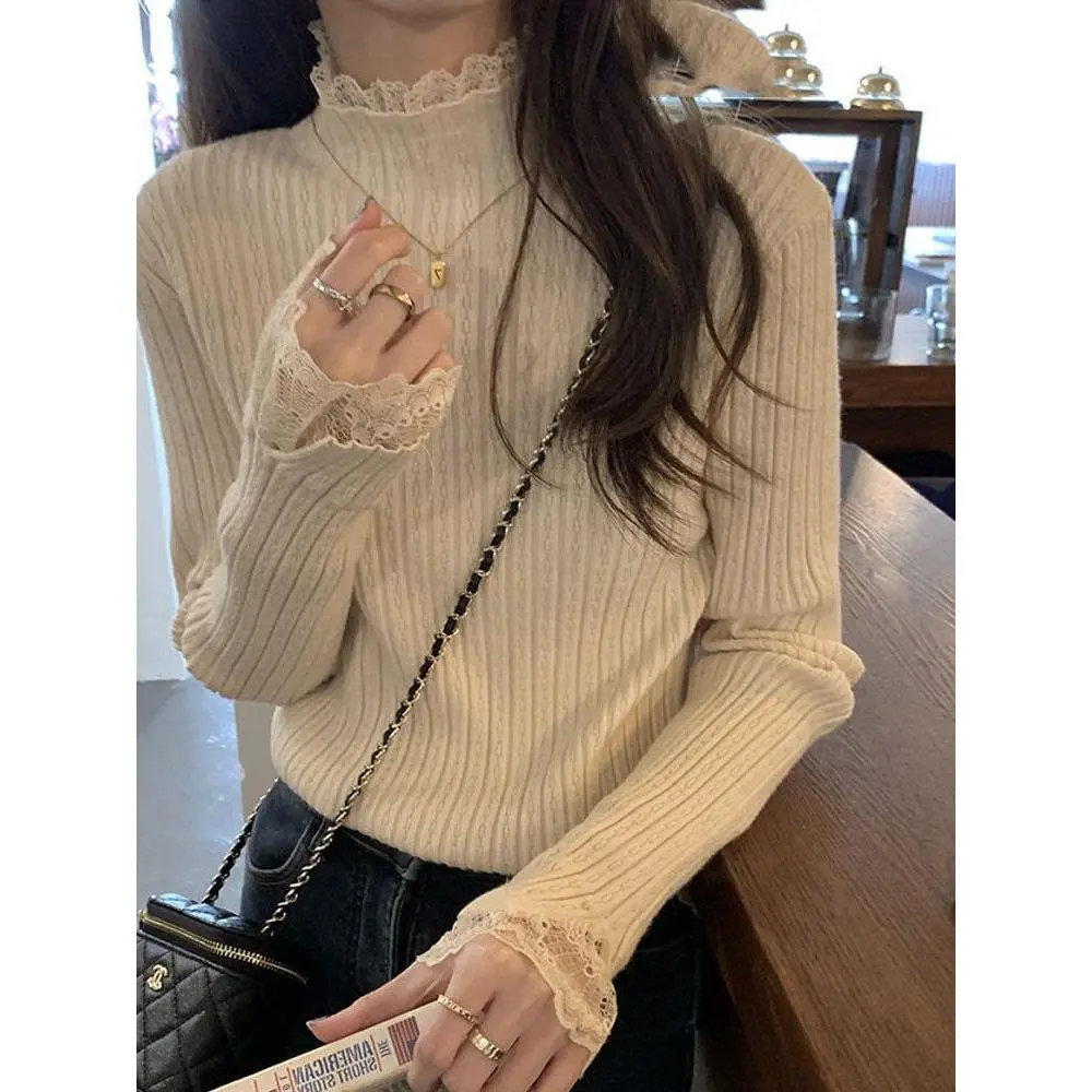 Áo Lớp Nền Ren, Hàng Mới Về, Dành Cho Nữ, Cổ Lọ Nửa, Dáng Ôm, Áo Len Dinified, Màu Mơ, Dài Tay, Thích Hợp Cho Mùa Xuân Và Mùa Thu, Áo Len Nữ