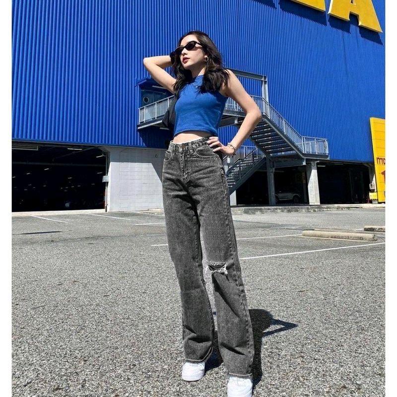 CLARA HIGHWaist KULOT JEANS LOOSE RIPPED PREMIUM Basic High Panjang  Wanita  Celana biru  denim  outfit 3