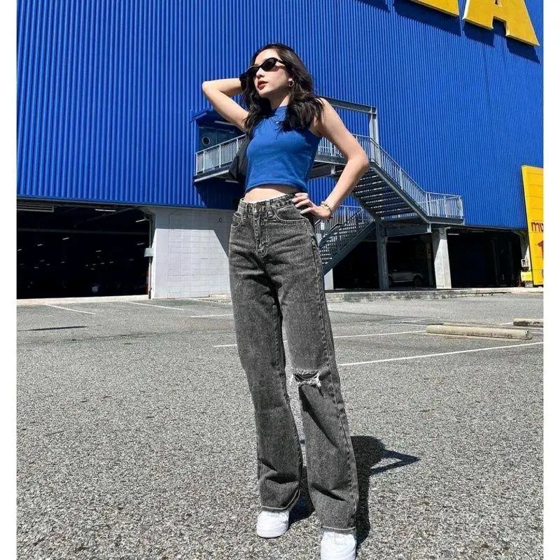 CLARA HIGHWaist KULOT JEANS LOOSE RIPPED PREMIUM Basic High Panjang  Wanita  Celana biru  denim  outfit 2