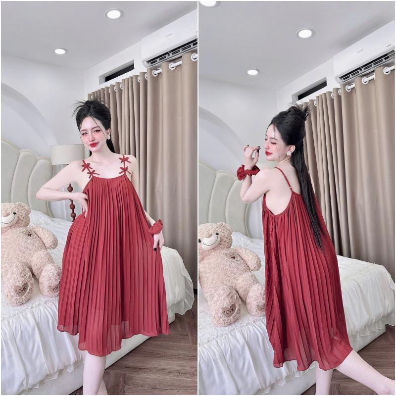 Product Introduction of Váy ngủ xếp ly bigsize 2dây đính nơ dễ thương bầu bí bon chen thoải mái chất chiffon có lót cầm nặng tay size 40-70kg 11