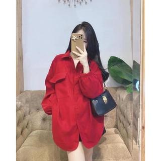 Áo sơ mi nhung tay cánh dơi form rộng 1 túi nắp viền