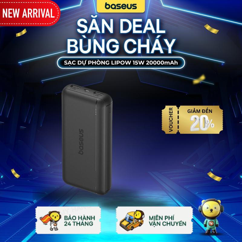 Pin dự phòng Baseus Lipow 20000mAh – Sạc 15W, tích hợp cáp 3A, tương thích nhiều dòng điện thoại