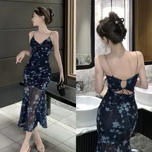 (7849) blue midi floral dress baju pantai wanita kekinian dress biru korean style party elegan gaun pesta mewah elegant korean style dress serut samping panjang Imlek Wanita XS-2XL