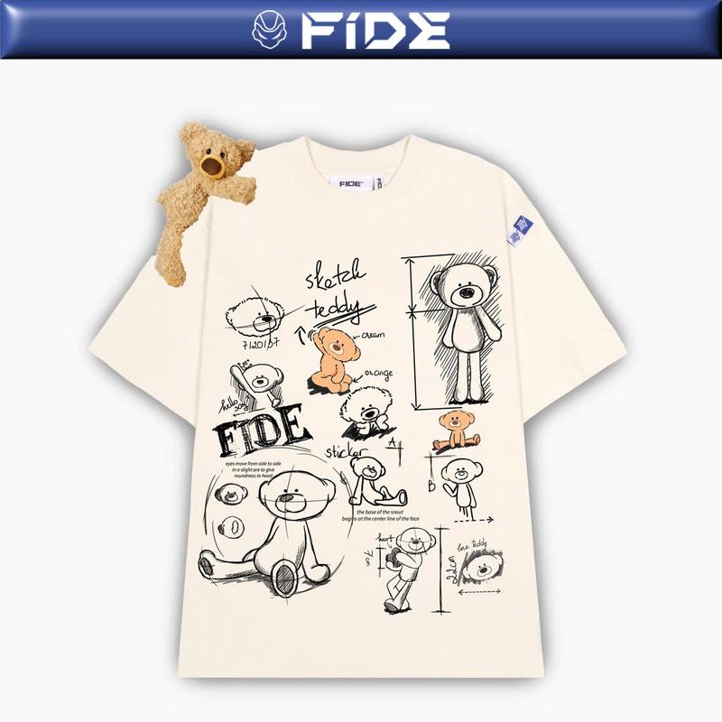 Áo thun FIDE TEEDY GẤU BÔNG phông cotton unisex nam nữ form rộng cổ tròn ulzzang - AT49 (TẶNG KÈM GẤU) Menswear Kem