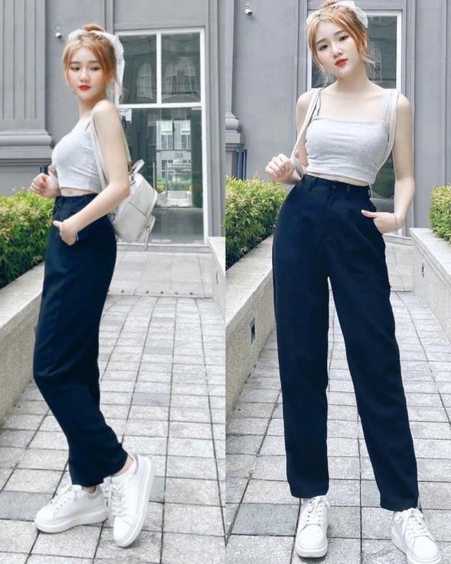 Quần tây baggy đi học nữ màu xanh đen cạp lưng cao có đỉa - Quần vải học sinh dày đáy cao nữ cấp 3 2 phối sơ mi đi học