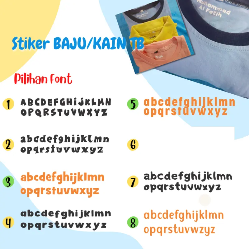 STIKER NAMA SABLON UNTUK DI KAIN/BAJU (C) 8-10 karakter termasuk spasi dan tanda baca (DM atau INBOX utk nama yg mau dibuat, contoh oke baru CO ya kak) tulis di note : nama yg mau dibuat stiker - ukuran - font - warna 1