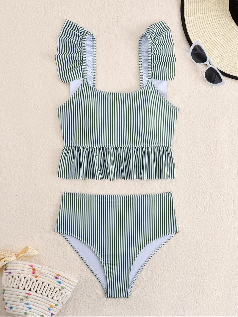 Product Introduction of Women's Striped Print Tankini Set, Casual Flounce Sleeve Swim Top & Swim Bottom Two-piece Swimsuit for Summer, Fashion Women's Swimwear for Beach Holiday Vacation 5