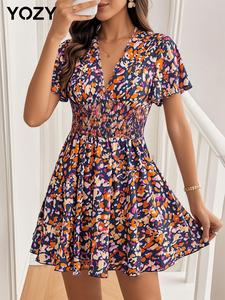 YOZY Women's Ditsy Floral Print V Neck Dress, Casual Short Sleeve Dress for Summer, Women's Clothing for Daily Wear