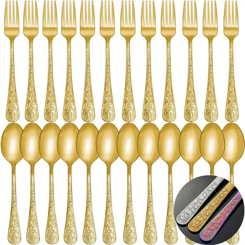 Stainless Steel Dinnerware Set, 24pcs/set Including 12pcs Dinner Forks & 12pcs Dinner Spoons, Creative Phoenix Embossed Tableware Set for Party