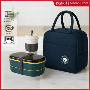 【Medan Ready Stock】[eatkit exclussive] Paket Kotak Makan Set Lunch Box 700ml 2 Susun Tas Thermal Lunch Bag Free Sendok BPA Free