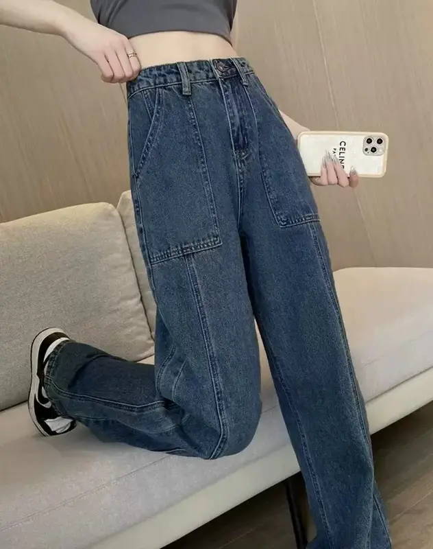 Quần Jean Xanh Cạp Cao tôn dáng HAZEE cao cấp - Quần Jean xuông hách dáng Pants Nữ Denim Thanh lịch Button Casual L Women Lưng Cao quần  jeans 4