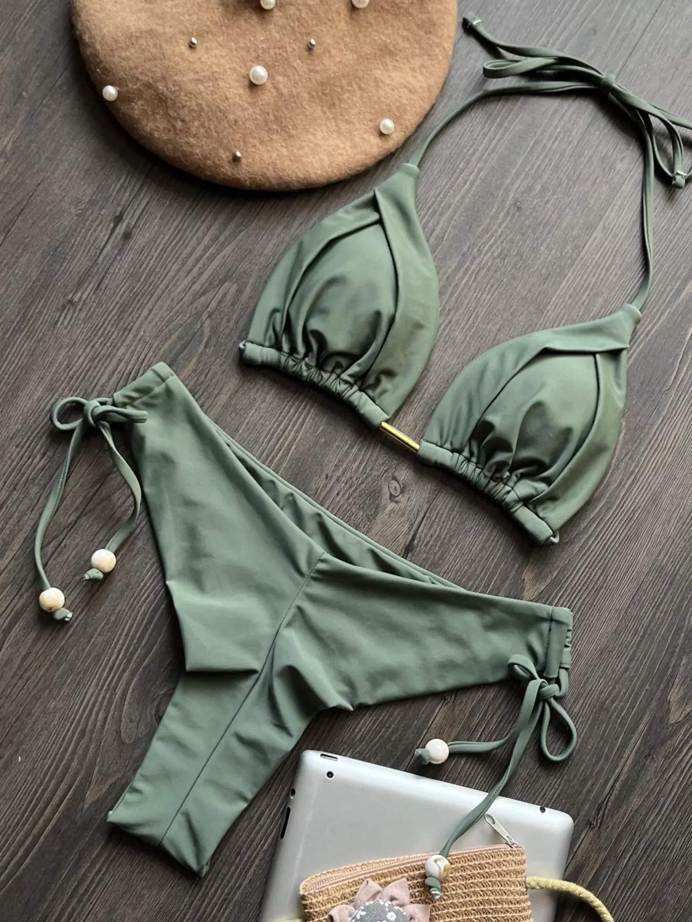 Two-Piece Set Women's Solid Color Bikini Set, Casual Fashion Chic Swimsuit Set for Beach Holiday Vacation, Ladies Swimwear for All Seasons
