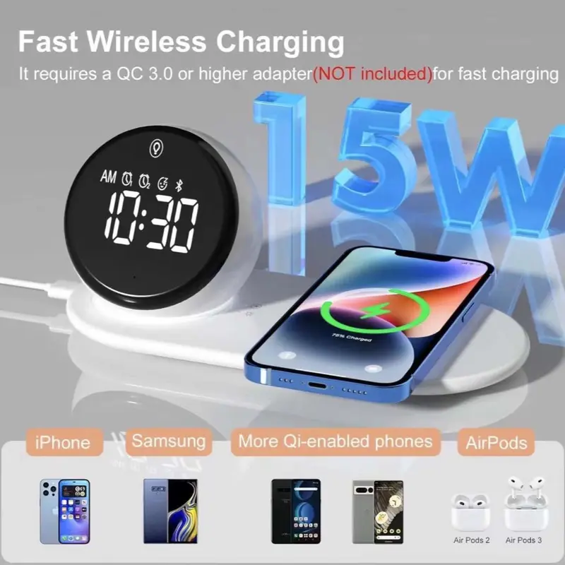 Đế Loa Bluetooth + đồng hồ - kết hợp sạc không dây 15w và đèn ngủ Nghe Nhạc Củ Loa 2