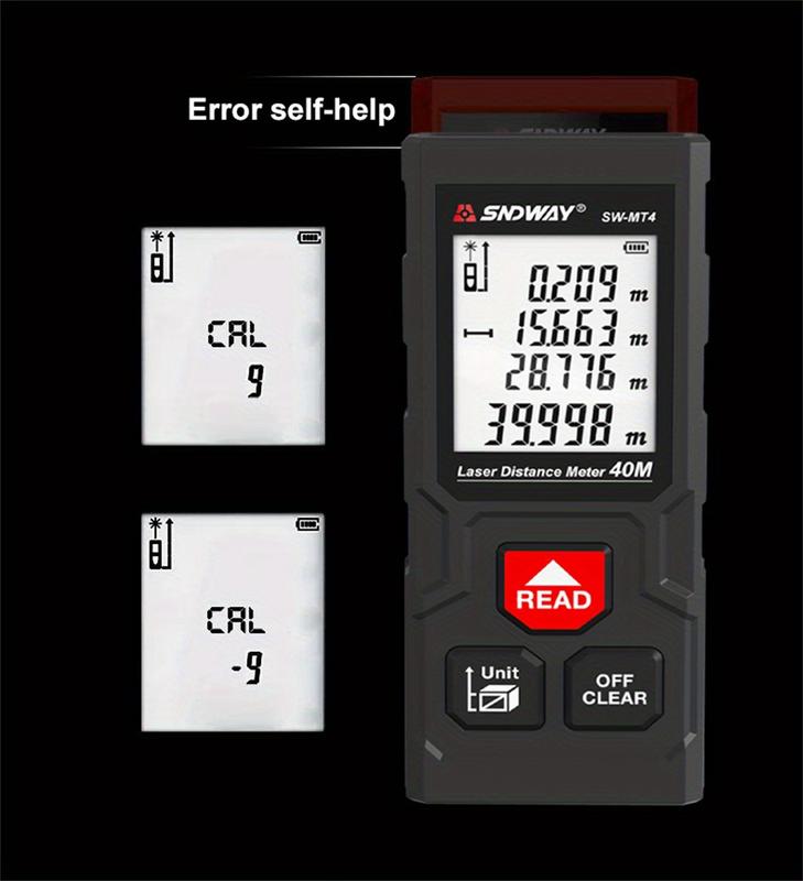Product Introduction of 40M/131ft SNDWAY Pro Laser Distance Meter - High-Accuracy Digital Measure Tool with Large Backlit Display, Self-Calibration, and Battery Powered Operation - Portable Handle Electronic Ruler for Easy Measurements 9