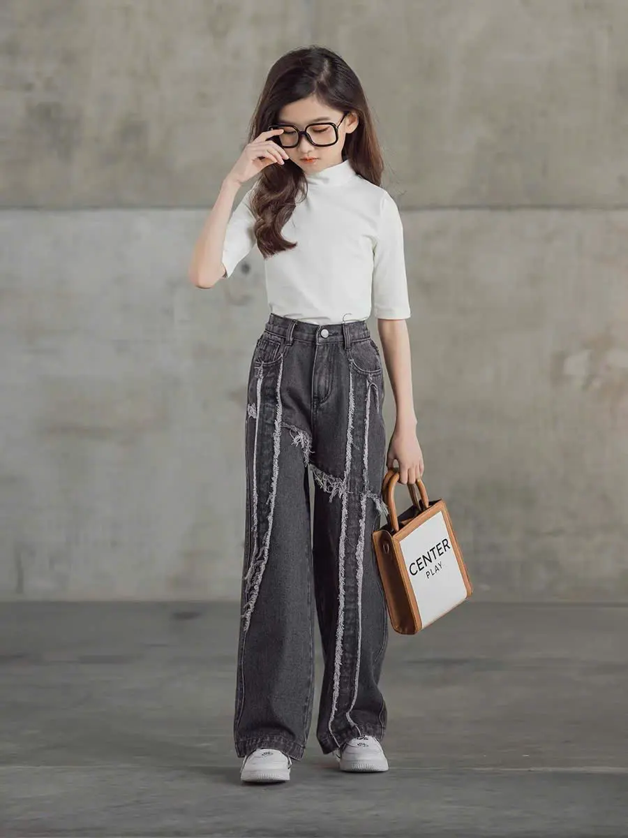 Quần Jean dài HOTTREND dáng suông ống rộng cho bé gái