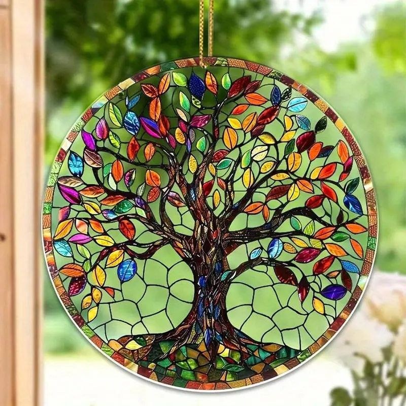 Colorful Tree Of Life Design Sun Catcher, Double Sided Decorative Pendant with Chain, Hanging Decor for Home Living Room Bedroom, Hangable 0