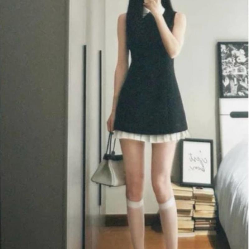 ( Kèm 2 nơ rời ) Váy thiết kế mix xếp li dưới cổ trắng Samhyewear