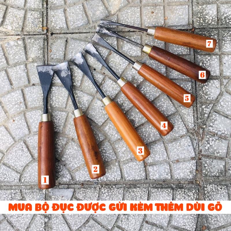 Bán nguyên bộ | Bộ đục bonsai 07 cây thủ công kèm dùi gõ đục DUC-03