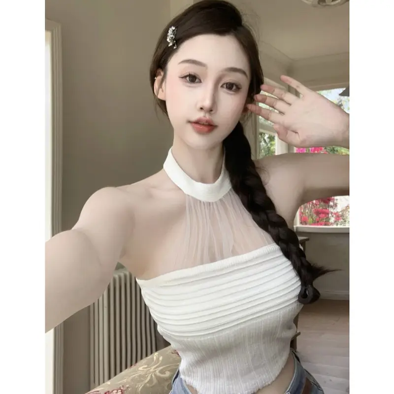 Áo Yếm Cổ Yếm, Khâu Lưới Quý Cô, Áo Mùa Hè Cho Nữ, Áo Sơ Mi Gợi Cảm, Áo Ngắn, Áo Sơ Mi Thời Trang Mới 0