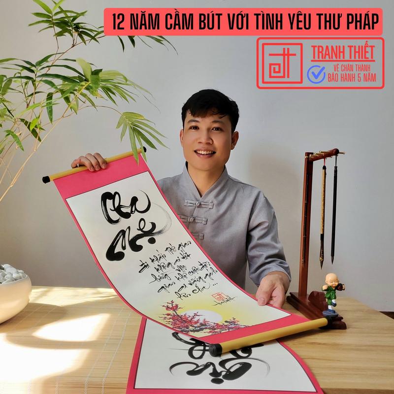 Bộ 2 tranh thư pháp viết tay Cha mẹ Bình an, Giấy bo vải lụa cao cấp, Treo tường trang trí đẹp 3