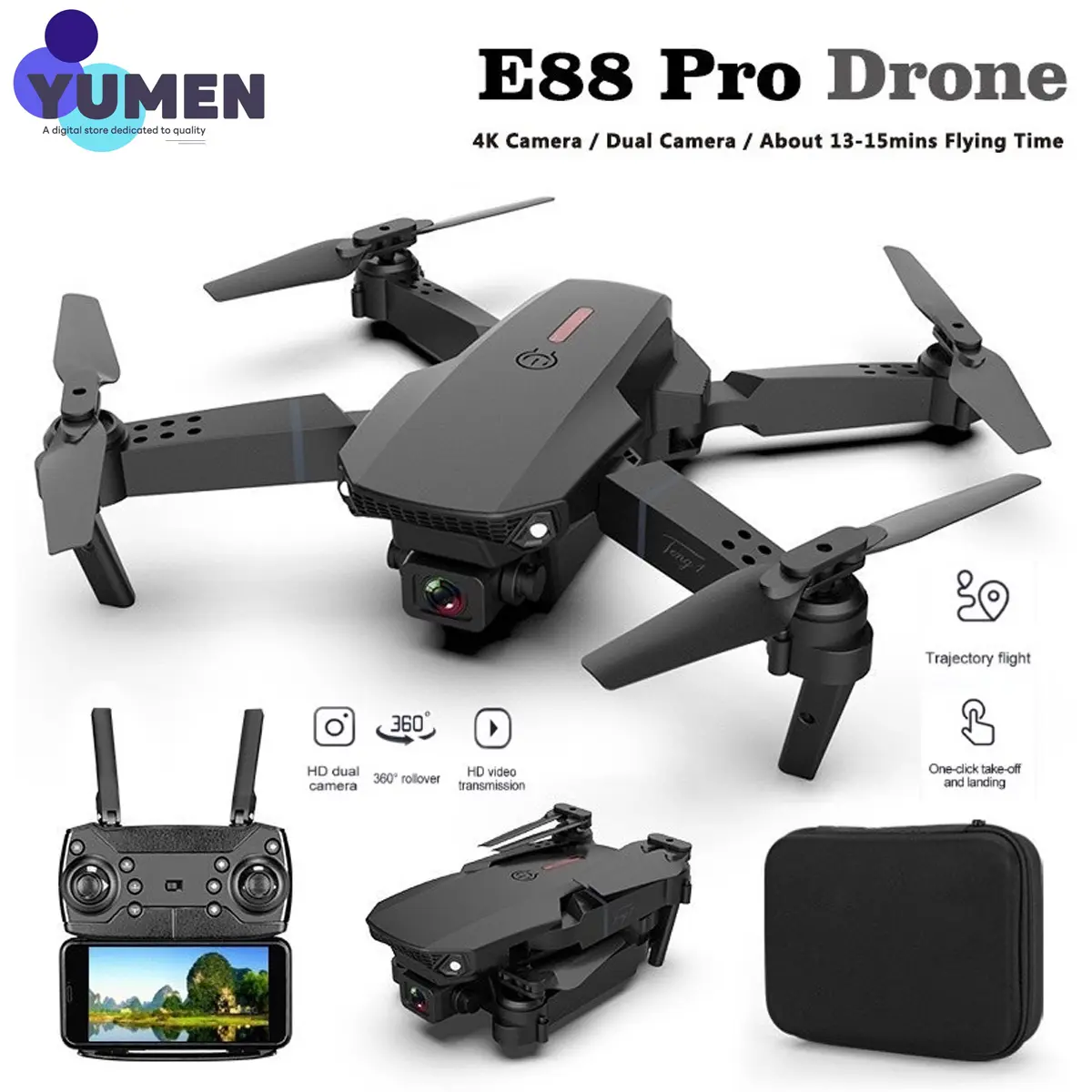 E88 PRO โดรนติดกล้อง ตำแหน่ง GPS แบบเลนส์คู่ 4K อายุการใช้งานแบตเตอรี่ยาวนานถึง 5,000 เมตร(โดรนบินระยะไกล โดรนบังคับ ใหญ่ โดน โดนบังคับกล้อง โดร ถ่ายรูป dji  mavic