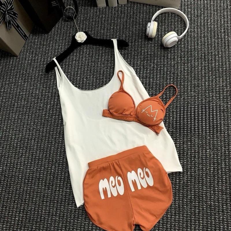 Set 3 món áo bra kèm áo ba lỗ ngoài mix với quần đùi in chữ sau mông Kem Nữ Women