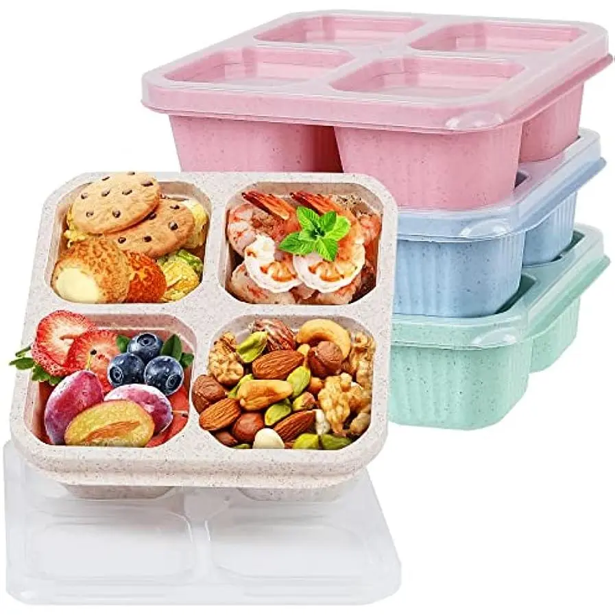 4 Grids Lunch Bento Box Plastic Food Storage Containers  Snack Fruits Case Microwave and Dishwasher Safe