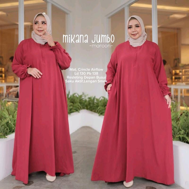 Gamis Mikana Jumbo Bahan Crinkle Airflow LD 130 PB 140 Busui Saku Aktif Lengan Smok Muat Bb 100 Kg Lembut Dingin 4