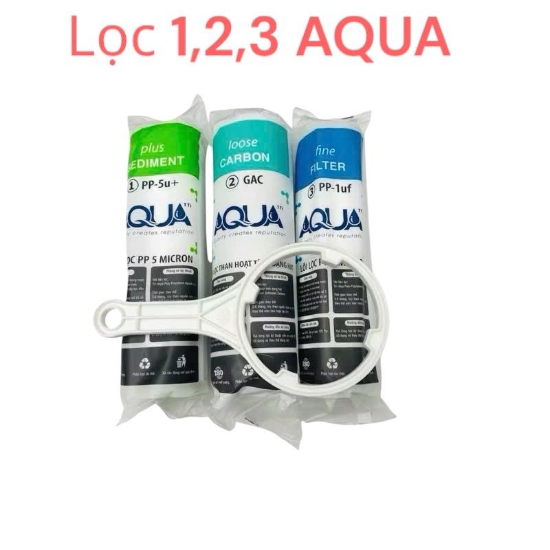 BỘ LÕI 123 AQUA LẮP CHO MÁY LỌC NƯỚC RO Tặng kèm tay vặn cốc lọc 1,2,3 10inch