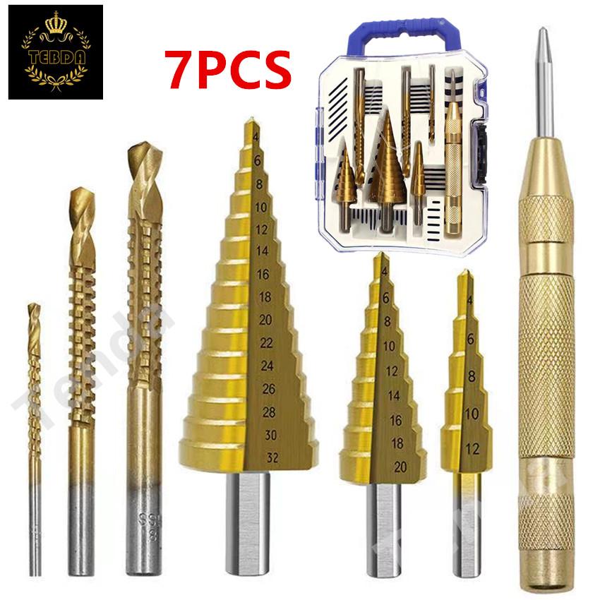 7 Pcs of step drill woodworking pull slot saw drill center punch set set of triangular handle drill 