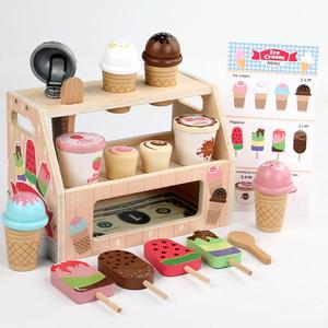 Wooden Ice Cream Toy, 1 Set Pretend Play Ice Cream Shop Toy, Ice Cream Food Toy with Accessories, Holiday Birthday Gift, Kitchen Pretend Play Set