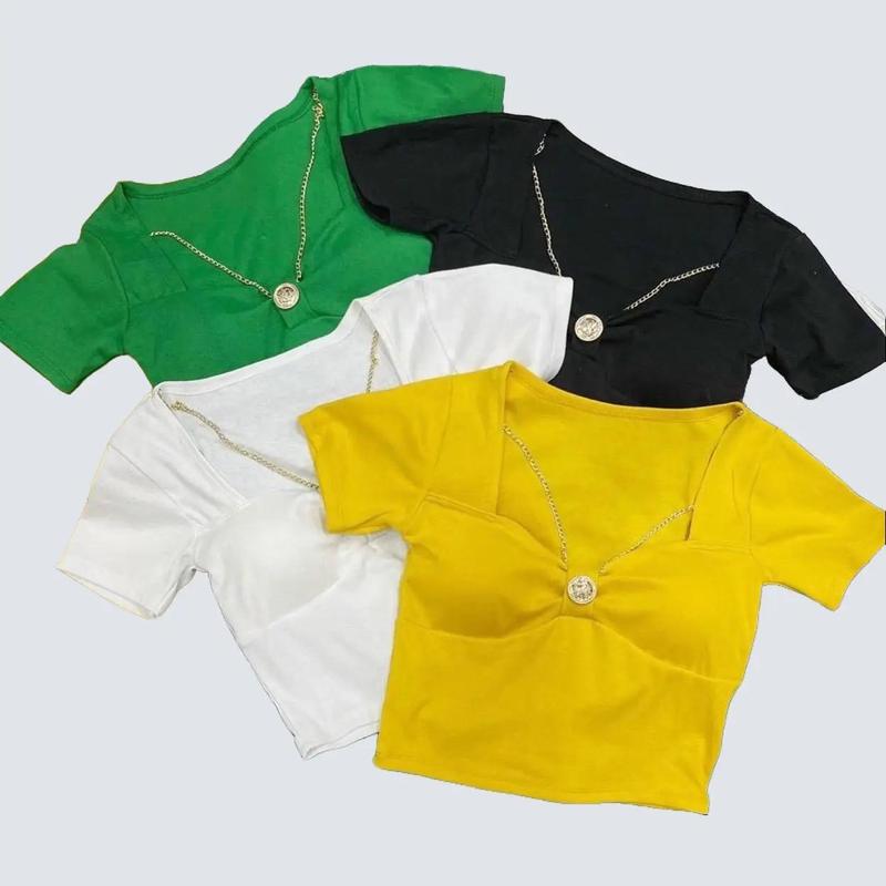 Áo borip croptop tay ngắn U đính dây yếm, áo nữ cổ vuông dây xích có mút ngực Cổ Tròn Màu Trắng Women Màu Đen Sơ Mi